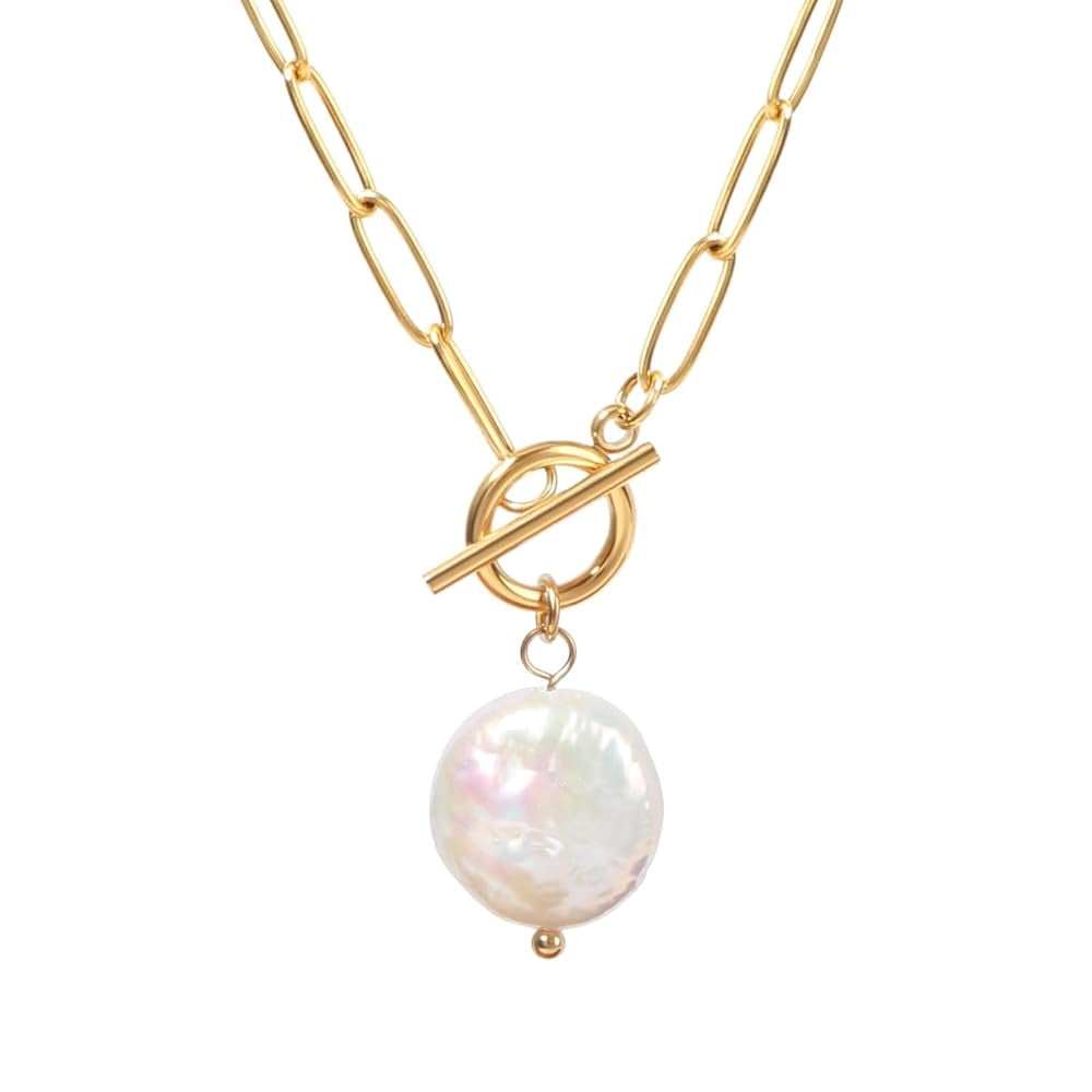 Lsnesstla Freshwater Pearl Pendant Toggle Paperclip Necklaces for Women 18k Gold Plated  Chain Necklace Jewelry for Wife Mother Girlfriend