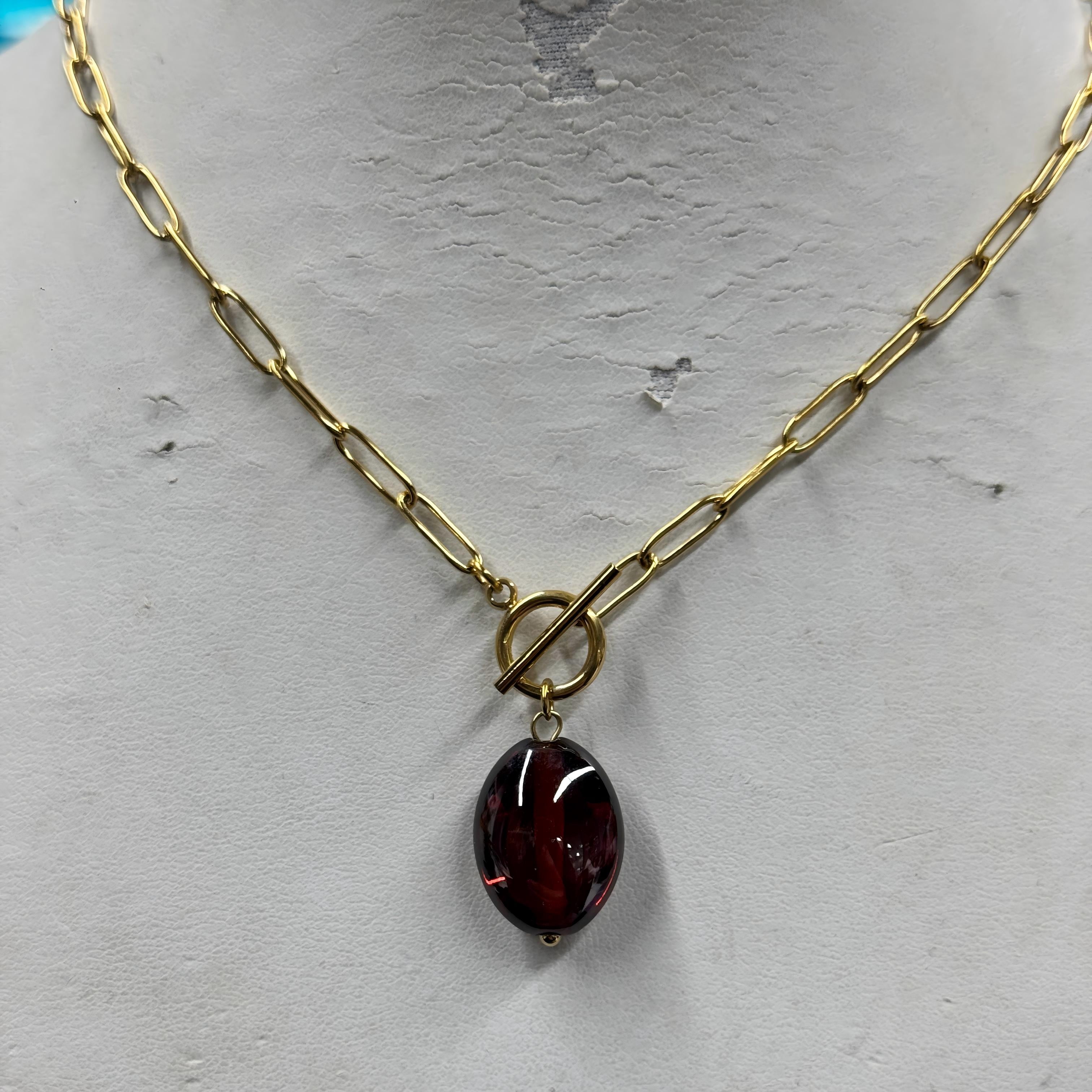 Lsnesstla Garnet Pendant Toggle Paperclip Necklaces for Women 18k Gold Plated Red CZ Chain Pendant Oval Garnet Jewelry January Birthstone Gift for Wife Girlfriend
