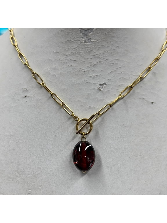 Garnet Pendant Toggle Paperclip Necklaces for Women 18k Gold Plated Red CZ Chain Pendant Oval Garnet Jewelry January Birthstone Gift for Wife Girlfriend
