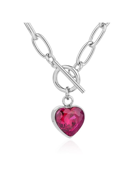 Heart Ruby Pendant Toggle Paperclip Necklace for Women Red Heart CZ Chain Pendant July Birthstone Gift Ruby Jewelry Valentine's Day Gift for Wife Girlfriend