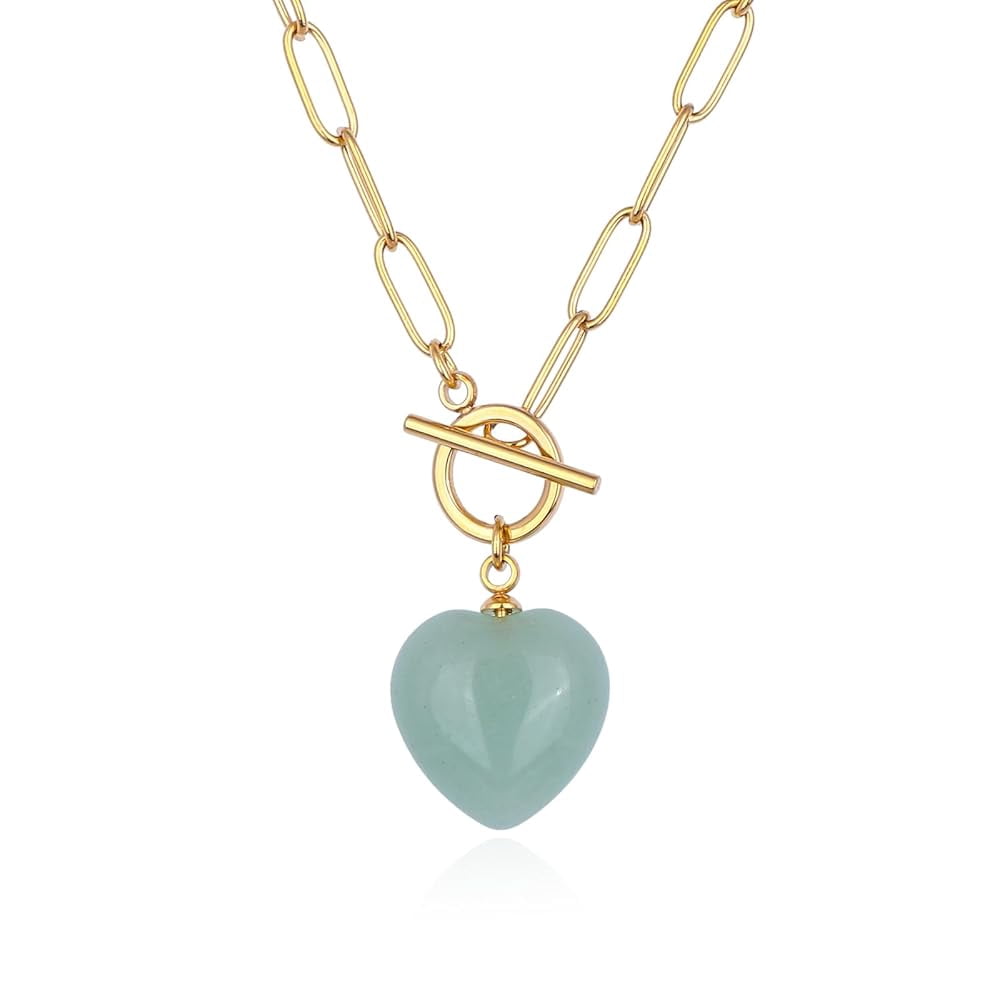 Lsnesstla Heart Labradorite Paperclip Toggle Necklace for Women 18K Gold Plated Natural Labradorite Jewelry Christmas Gift for Her
