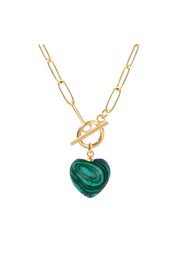 Heart Malachite Paperclip Toggle Necklace for Women 18K Gold Plated Natural Malachite Jewelry Christmas Gift for Mother