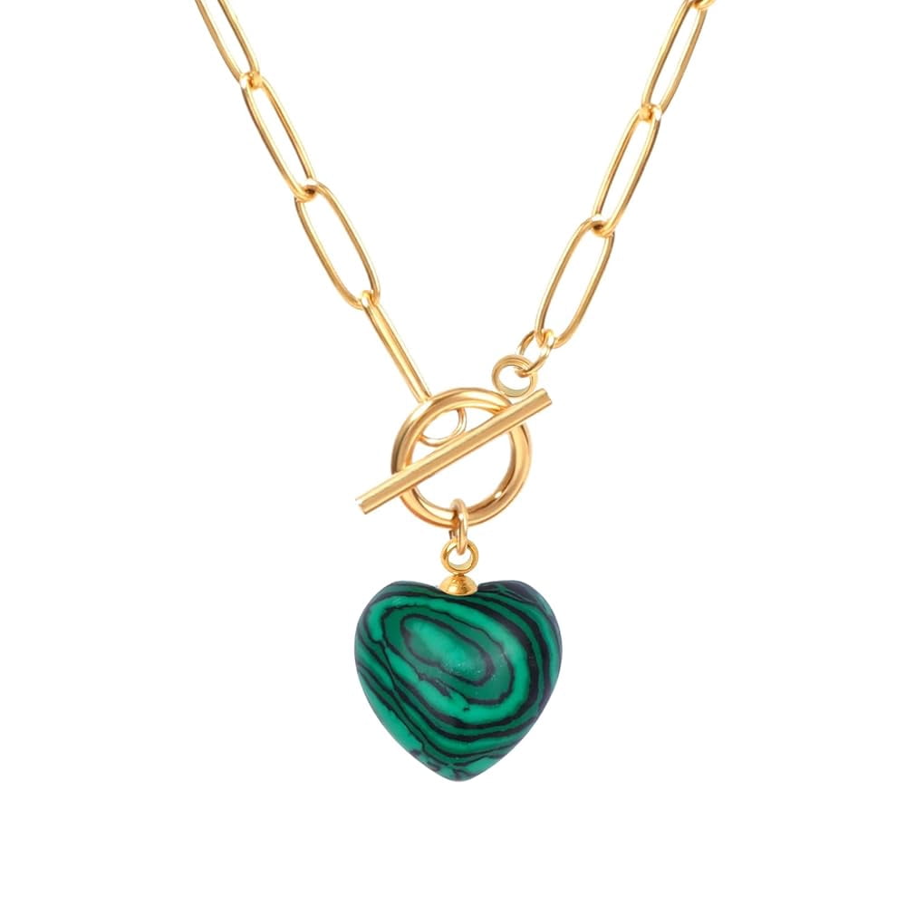Lsnesstla Heart Malachite Paperclip Toggle Necklace for Women 18K Gold Plated Natural Malachite Jewelry Christmas Gift for Mother