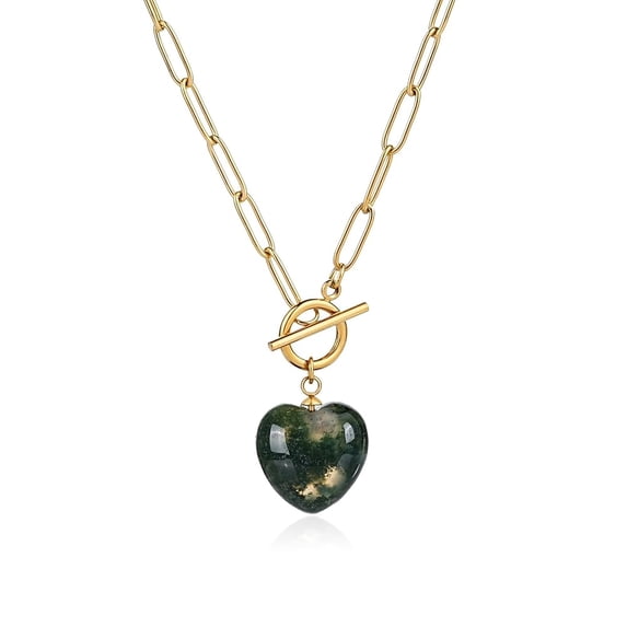 Lsnesstla Heart Paperclip Toggle Moss Agate, Moss Agate Necklace, Stainless Steel, Count per Pack 1