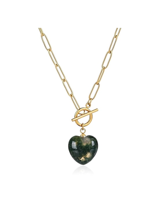 Heart Paperclip Toggle Moss Agate, Moss Agate Necklace, Stainless Steel, Count per Pack 1