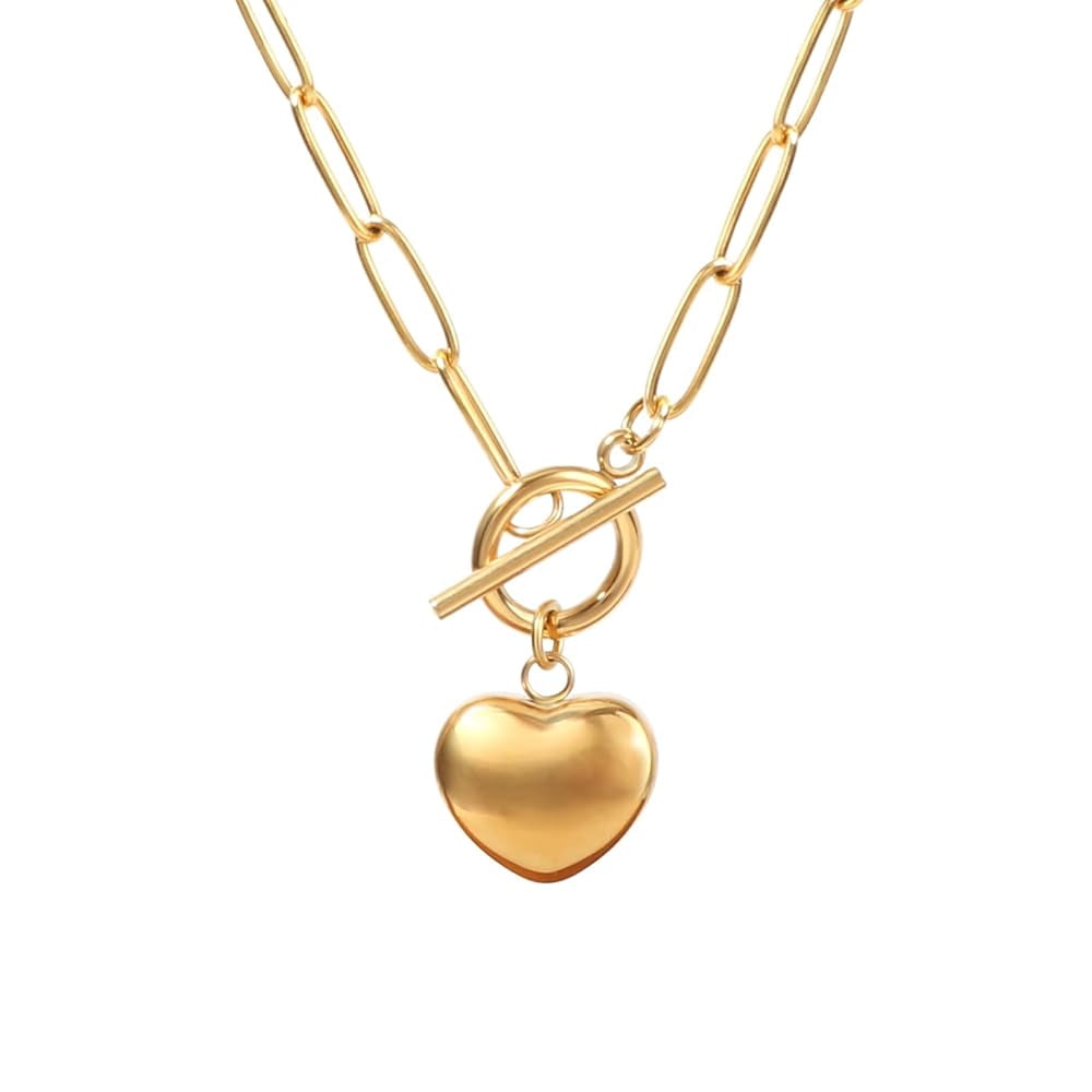 Lsnesstla Heart Pendant Paperclip Toggle Necklace for Women 18k Gold Plated Paperclip Chain Pendant Heart Necklace Jewelry Christmas Gift for Her