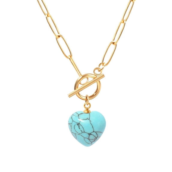 Lsnesstla Heart Paperclip Toggle Turquoise, Turquoise Necklace, Stainless Steel, 1