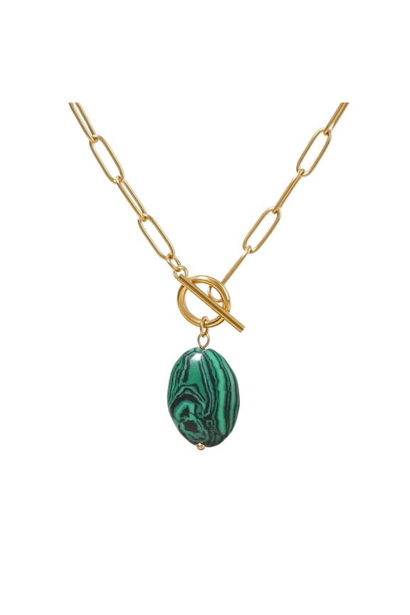 Malachite Pendant Paperclip Toggle Necklace for Women 18k Gold Plated Paperclip Chain Necklace Natural Malachite Jewelry May Birthstonefor Mother Wife Girlfriend Grandma