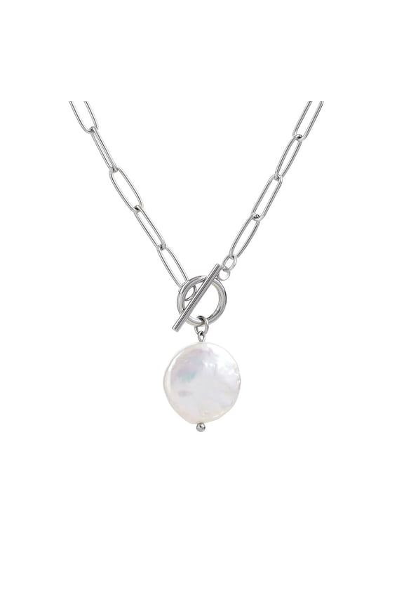 Pearl Pendant Toggle Paperclip Necklaces for Women Stainless Steel Paperclip Chain Necklace Freshwater Round Pearl Jewelry for Wife Mother Girlfriend