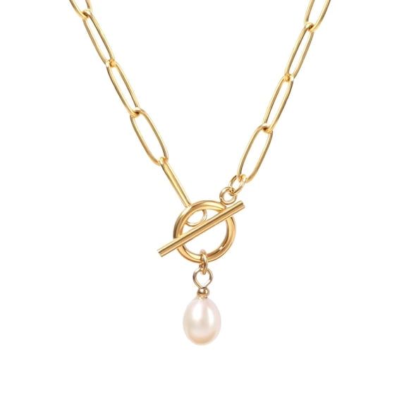 Lsnesstla Pearl Pendant Paperclip Toggle Necklaces for Women Oval Natural Freshwater Pearl Beads Stainless Steel Paper Clip Chain Necklace Toggle Paperclip Jewelry Gift for Girlfriend Wife