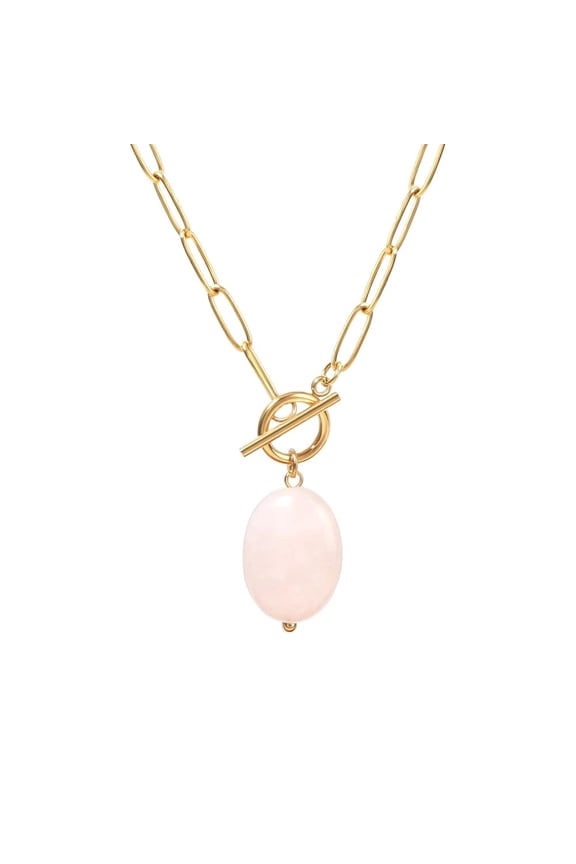 Rose Quartz Pendant Toggle Paperclip Necklace for Women 18k Gold-Plated Natural Quartz Necklace Paperclip Chain Jewelry Christmas Birthday Gift for Mother Wife