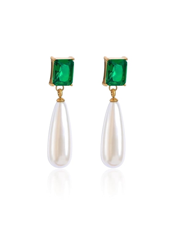 Simulated Emerald Pearl Earring for Women Emerald Green CZ Dangle Earring Pearl Drop Jewelry May Birthstone Gift for Wife Mother Girlfriend