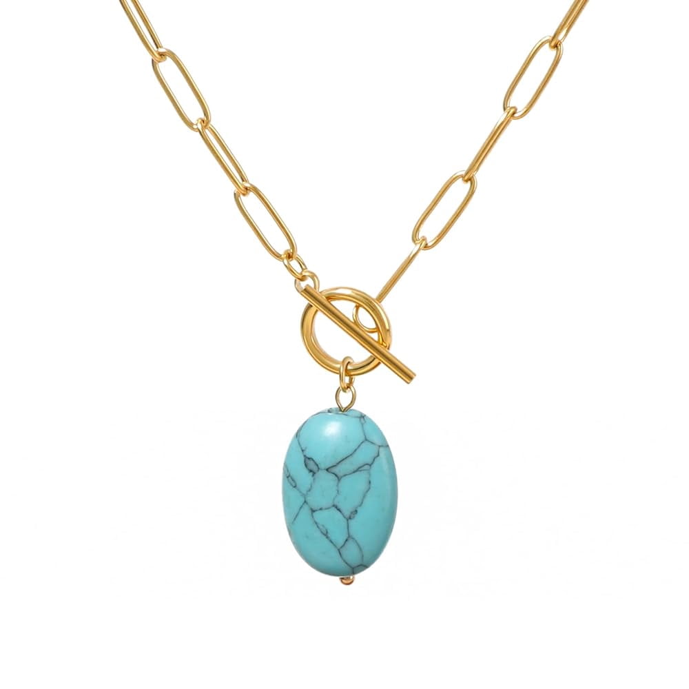 Lsnesstla Turquoise Pendant Toggle Paperclip Necklace for Women 18k Gold Plated Paper Clip Chain Necklace Turquoise Jewelry Christmas December Birthstone Gift Wife Mother Girlfriend