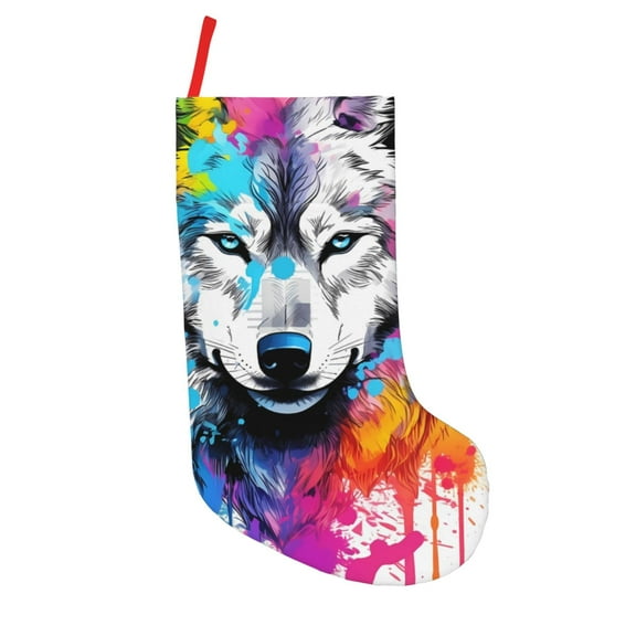 Lsque 18 Inches Cool Colorful Wolf Pattern Christmas Stockings Hanging Ornaments,Knitted Xmas Fireplace Hanging Stocking,Holiday Decoration