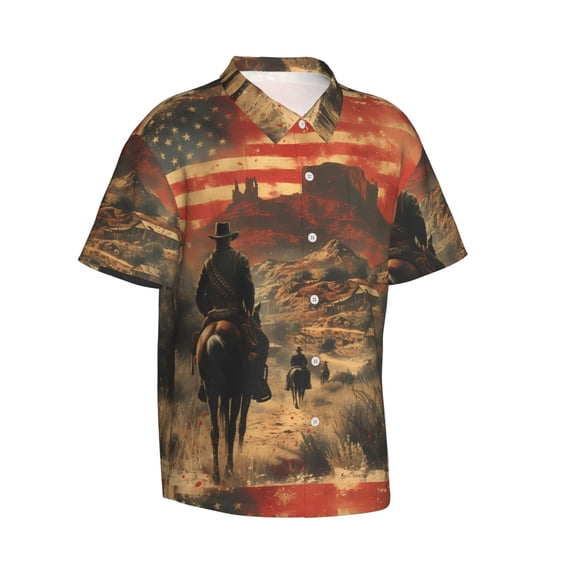 Lsque 1860s Style American Cowboy pattern Hawaiian Shirt for Men, Unisex Summer Beach Casual Short Sleeve Button Down Shirts-Small