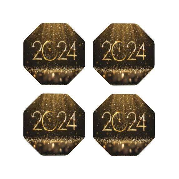 Lsque 2024 Happy New Year Pattern 4" Drink Coasters Set of 4, PVC Leather Absorbent Coasters, Table Coaster Set Decorative Coffee Cup Coasters Housewarming Gift -Octagon