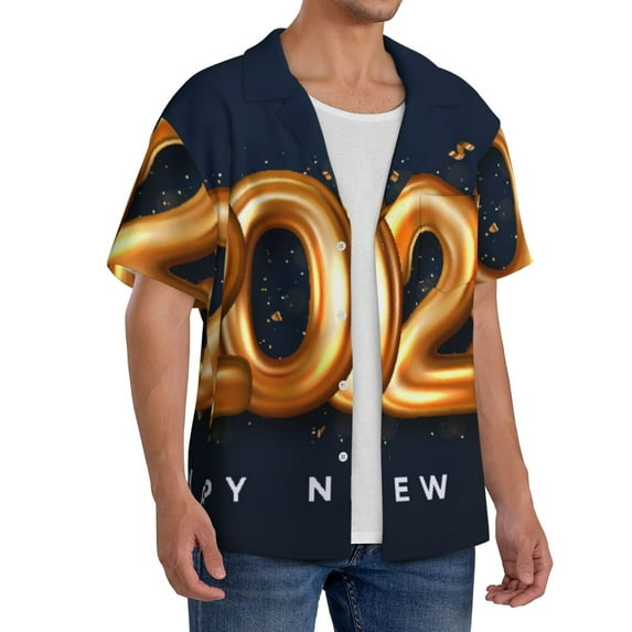 Lsque 2025 Happy New Year 6 print Men's Cuban Collar Short Sleeve Shirt Summer Beachwear Casual Button Down Fashionable Vacation Leisure Shirt-Large
