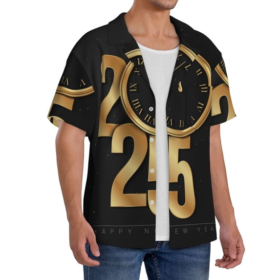 Lsque 2025 Happy New Year print Men's Cuban Collar Short Sleeve Shirt Summer Beachwear Casual Button Down Fashionable Vacation Leisure Shirt-X-Large