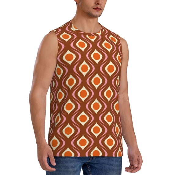Lsque 70's Retro Print Men's Cotton Blend Sleeveless Muscle Shirts (S-3XL)- Moisture Wicking, Odor Protection, UPF 30+,X-Large