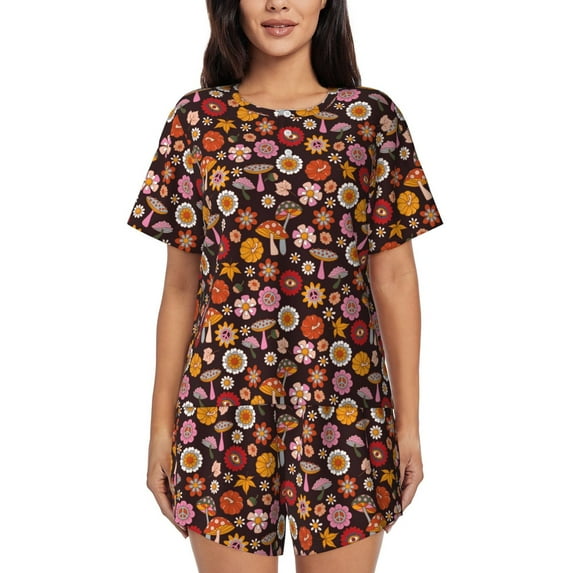 Lsque 70s Groovy Hippie Retro Women's Short-Sleeved Pajama Set - 2 Piece Soft and Lightweight Sleepwear Set-X-Large