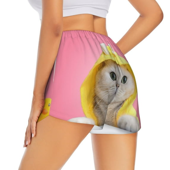 Lsque A Funny Cat Printed Women's Running Shorts with Liner Pockets,Elastic Quick Dry Workout Athletic Gym Yoga Shorts,Womens High Waist Shorts-Large
