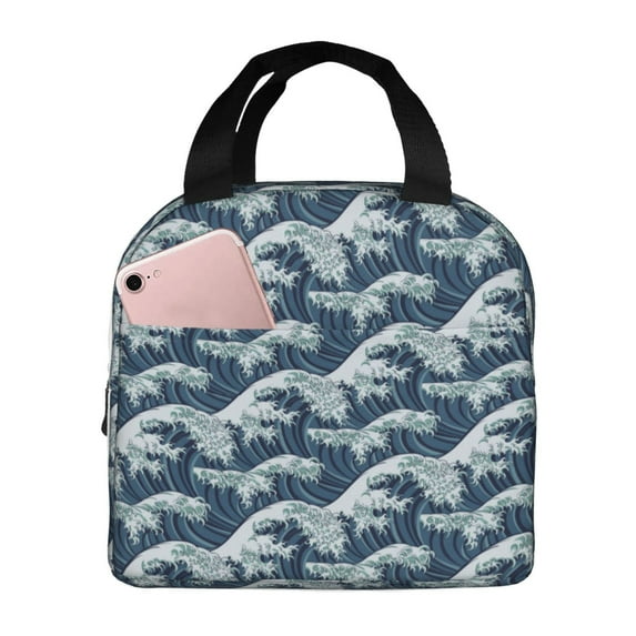 Lsque A Japanese Great Wave Pattern Lunch Bag Women/Men Insulated Lunch Box,Small Leakproof Cooler Food Lunch Containers Reusable High Capacity Lunch Tote Bags