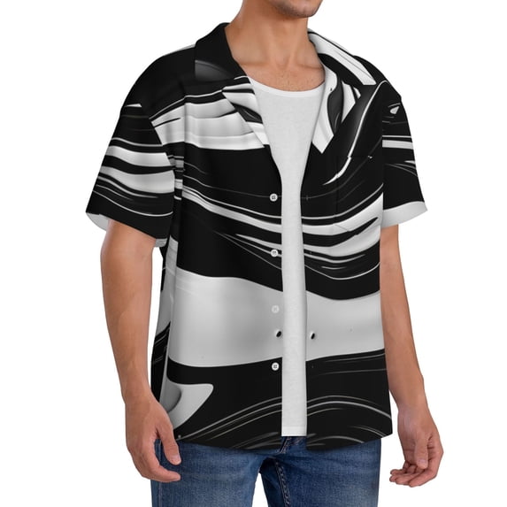 Lsque Abstract Black White Swirls print Men's Cuban Collar Short Sleeve Shirt Summer Beachwear Casual Button Down Fashionable Vacation Leisure Shirt-3X-Large