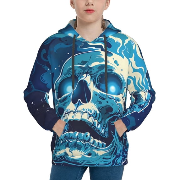Lsque Abstract Blue Skull Patten Youth Hoodie Sweatshirt Pullover with Kangaroo Pocket Boys and Girls Hoodie Warm Hoodie for Kids-Small