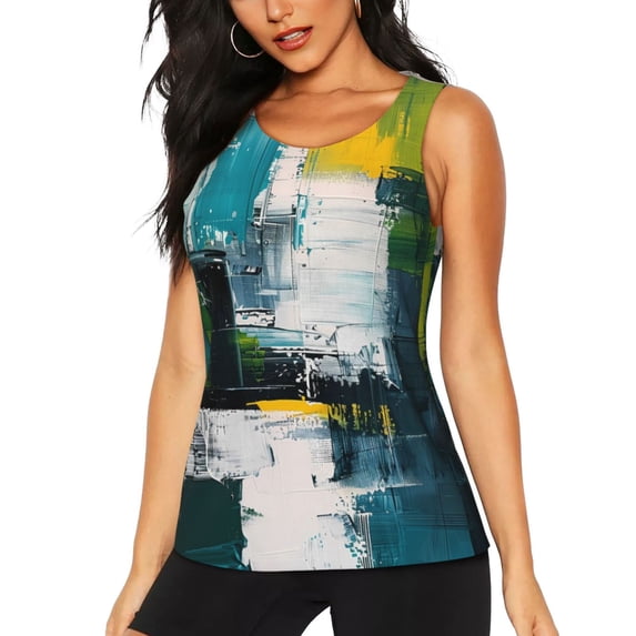 Lsque Abstract Brushstrokes Green Blue Printed Workout Tank Tops for Women, Athletic Sports Tank Tops, Compression Sleeveless Dry Fit Shirts,Sleeveless Yoga Shirt-Medium