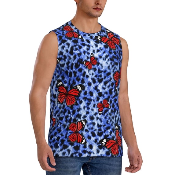 Lsque Abstract Colorful Butterflies Print Men's Cotton Blend Sleeveless Muscle Shirts (S-3XL)- Moisture Wicking, Odor Protection, UPF 30+,3X-Large