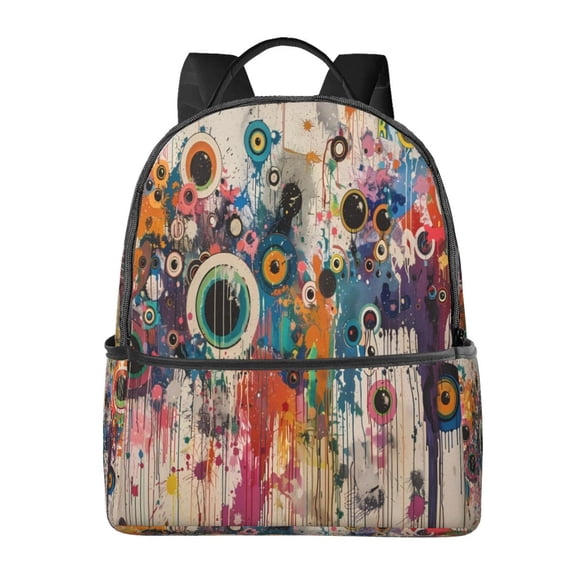 Lsque Abstract Colorful Dripping Circles Pattern Backpack – School Travel Canvas Daypack with Ergonomic Padded Straps, Multiple Compartments & Leather Handle