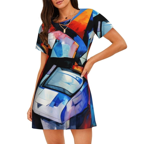 Lsque Abstract Cubist Printer Pattern Nightgowns for Women Sleep Shirts Short Sleeve Nightshirt Pullover Nightdress Soft Sleepwear Relaxed Fit Nightdress
