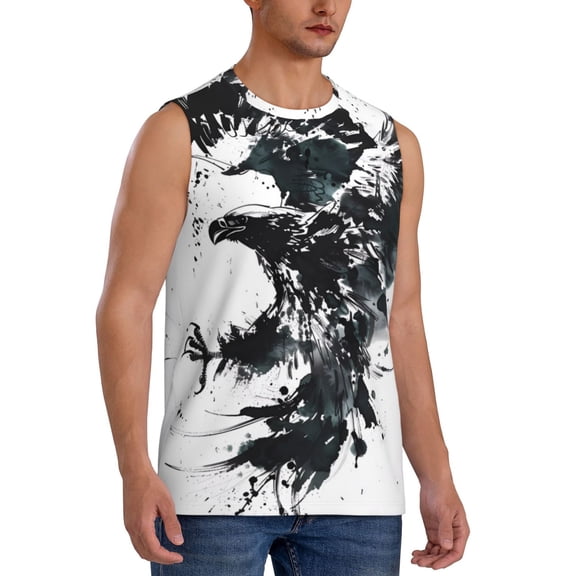 Lsque Abstract Eagle Ink Print Men's Cotton Blend Sleeveless Muscle Shirts (S-3XL)- Moisture Wicking, Odor Protection, UPF 30 ,Medium
