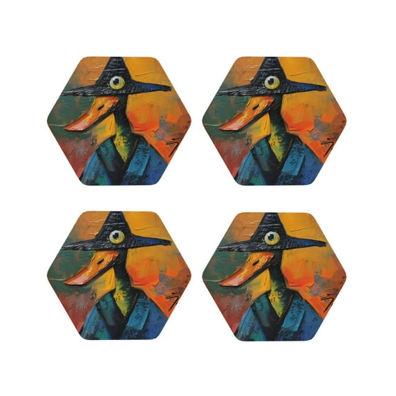 Lsque Abstract Funny Duck Pattern 4" Drink Coasters Set of 4, PVC Leather Absorbent Coasters, Table Coaster Set Decorative Coffee Cup Coasters Housewarming Gift -Hexagon