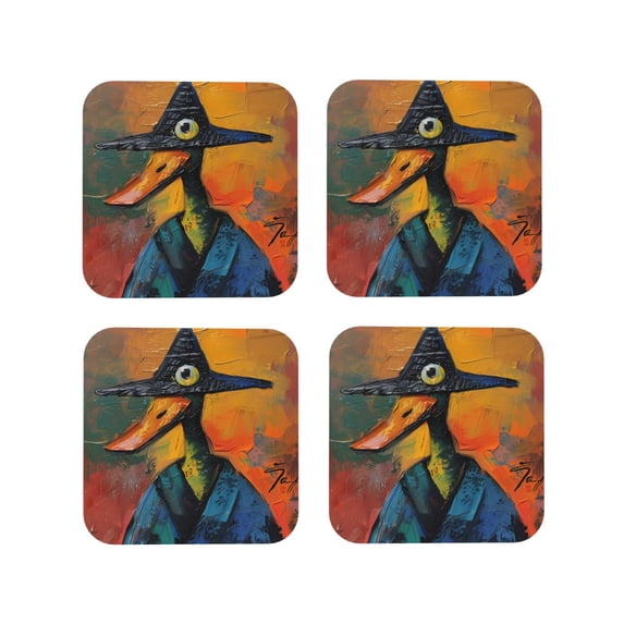 Lsque Abstract Funny Duck Pattern 4" Drink Coasters Set of 4, PVC Leather Absorbent Coasters, Table Coaster Set Decorative Coffee Cup Coasters Housewarming Gift -Square