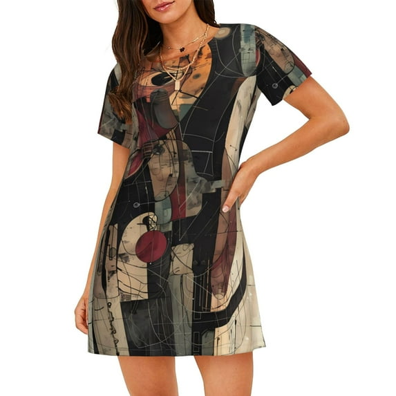 Lsque Abstract Geometric Faces Pattern Nightgowns for Women Sleep Shirts Short Sleeve Nightshirt Pullover Nightdress Soft Sleepwear Relaxed Fit Nightdress