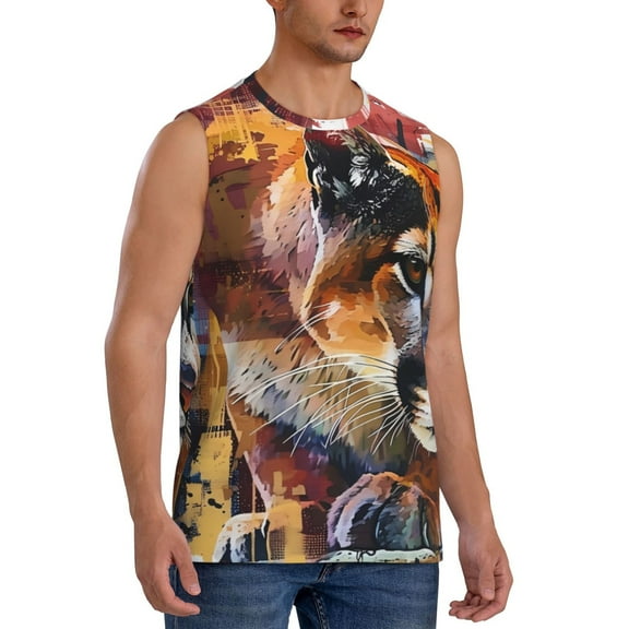 Lsque Abstract Lion Painting Print Men's Cotton Blend Sleeveless Muscle Shirts (S-3XL)- Moisture Wicking, Odor Protection, UPF 30 ,3X-Large