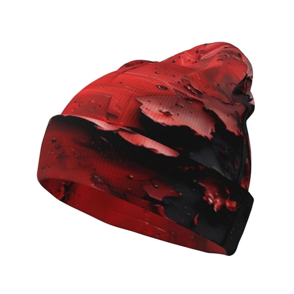 Lsque Abstract Red Textured Canvas Pattern Knitted Beanie, Unisex Winter Hat, Knit Hat Winter Beanies Thick Fisherman Beanies Cuffed Plain Skull Caps