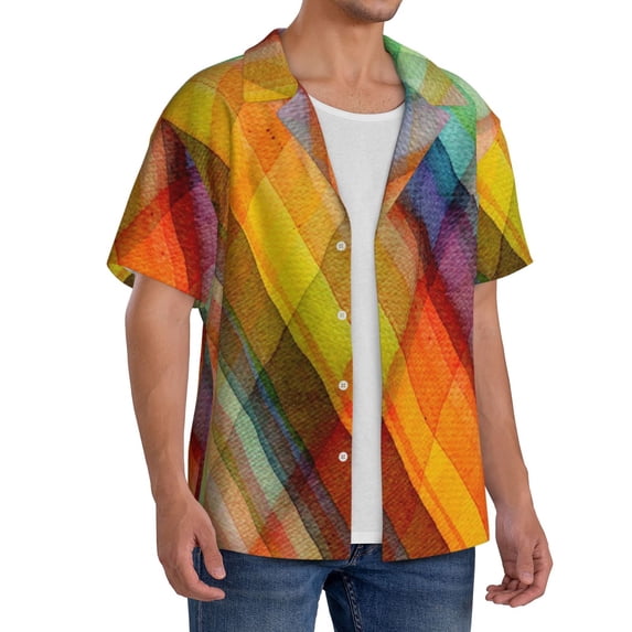 Lsque Abstract Watercolors Tartan print Men's Cuban Collar Short Sleeve Shirt Summer Beachwear Casual Button Down Fashionable Vacation Leisure Shirt-Small