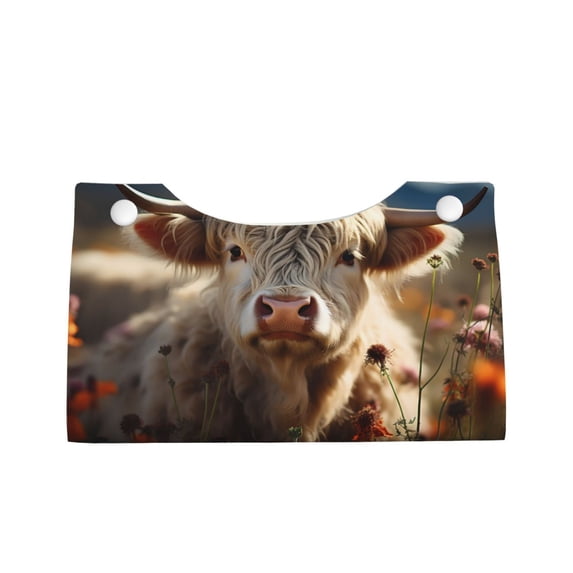 Lsque Adorable Flower Field Cow Printed Long Tissue Box Cover Holder, Facial Paper Organizer Dispenser,Triangle with Bottom Belt, PVC Leather Decorative Organizer
