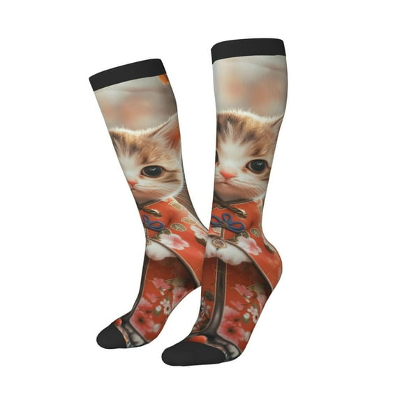 Lsque Adorable Kitten In Kimono Printed Crew Socks Men's Women's LightWeight Thin Casual Calf Socks ,Knee High Socks,Cotton Socks