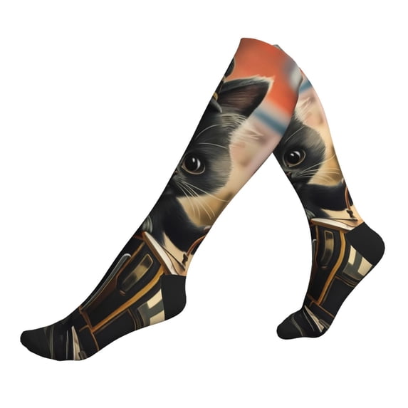 Lsque Adorable Kitten On Mini Train Pattern Sport Compression Socks for Men & Women 15-20 mmHg Knee High Nurse Pregnant Running Medical and Travel Athletic