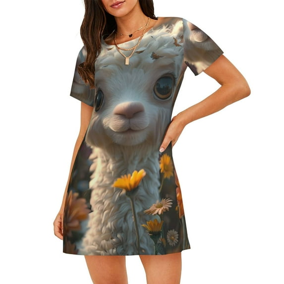 Lsque Adorable Llama In Flowers Pattern Nightgowns for Women Sleep Shirts Short Sleeve Nightshirt Pullover Nightdress Soft Sleepwear Relaxed Fit Nightdress