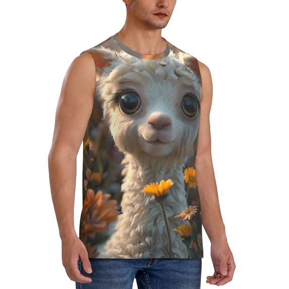 Lsque Adorable Llama In Flowers Print Men's Cotton Blend Sleeveless Muscle Shirts (S-3XL)- Moisture Wicking, Odor Protection, UPF 30+,Medium