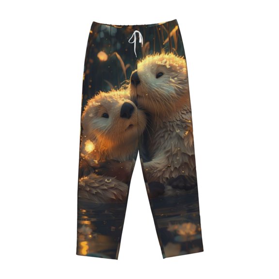 Lsque Adorable Otter Pair Hug Print Women's Pajama Pants, Lounge Pant - Comfortable Home Wear,Elastic Waistband, Stylish Design-Medium