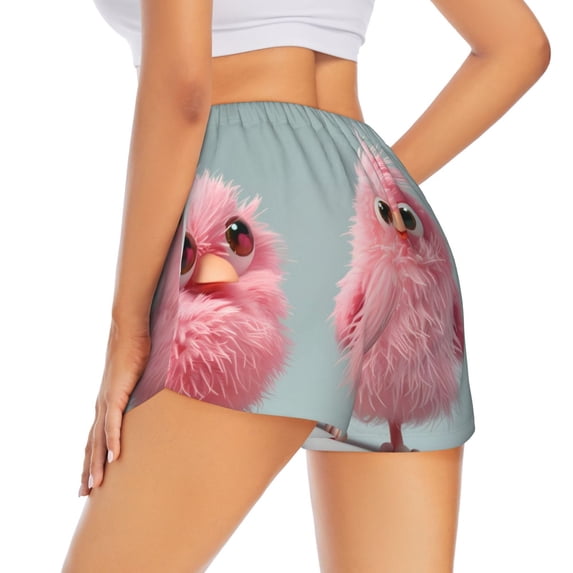 Lsque Adorable Pink Fluffy Birds Printed Women's Running Shorts with Liner Pockets,Elastic Quick Dry Workout Athletic Gym Yoga Shorts,Womens High Waist Shorts-X-Large