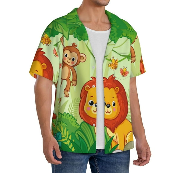 Lsque African Animals in the Jungle print Men's Cuban Collar Short Sleeve Shirt Summer Beachwear Casual Button Down Fashionable Vacation Leisure Shirt-3X-Large