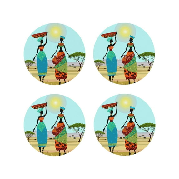 Lsque African Women Pattern 4" Drink Coasters Set of 4, PVC Leather Absorbent Coasters, Table Coaster Set Decorative Coffee Cup Coasters Housewarming Gift -Round Shape