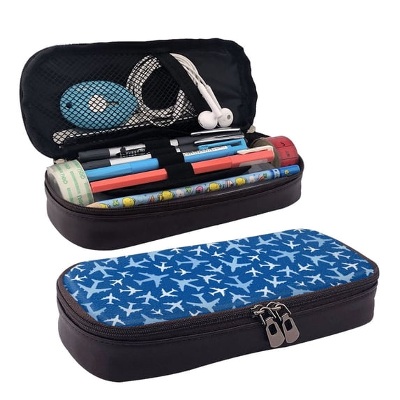 Lsque Airplanes in the Sky Printed Big Capacity PU Leather Pencil Case Large Pencil Pouch Stationery Pen Bag Pencil Holder for Teen