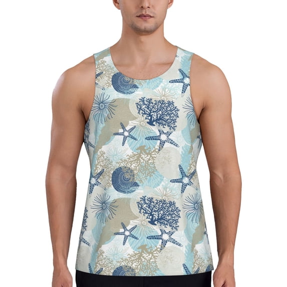 Lsque Algae Corals and Seashells Pattern Mens Tank Tops Muscle Athletic Quick Dry Sleeveless Workout Fitness T Shirts Beach Tank Top, Loose-fit Sleeveless Shirt for Men-XX-Large